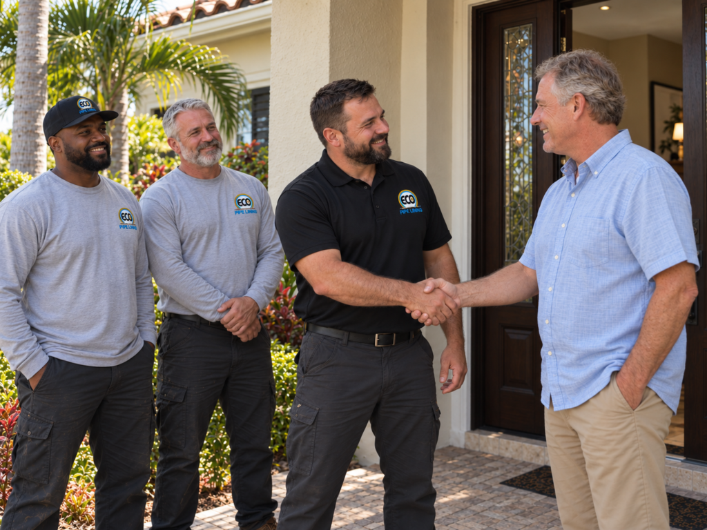 Eco Pipe Lining technician shaking hands with a customer outside a home
