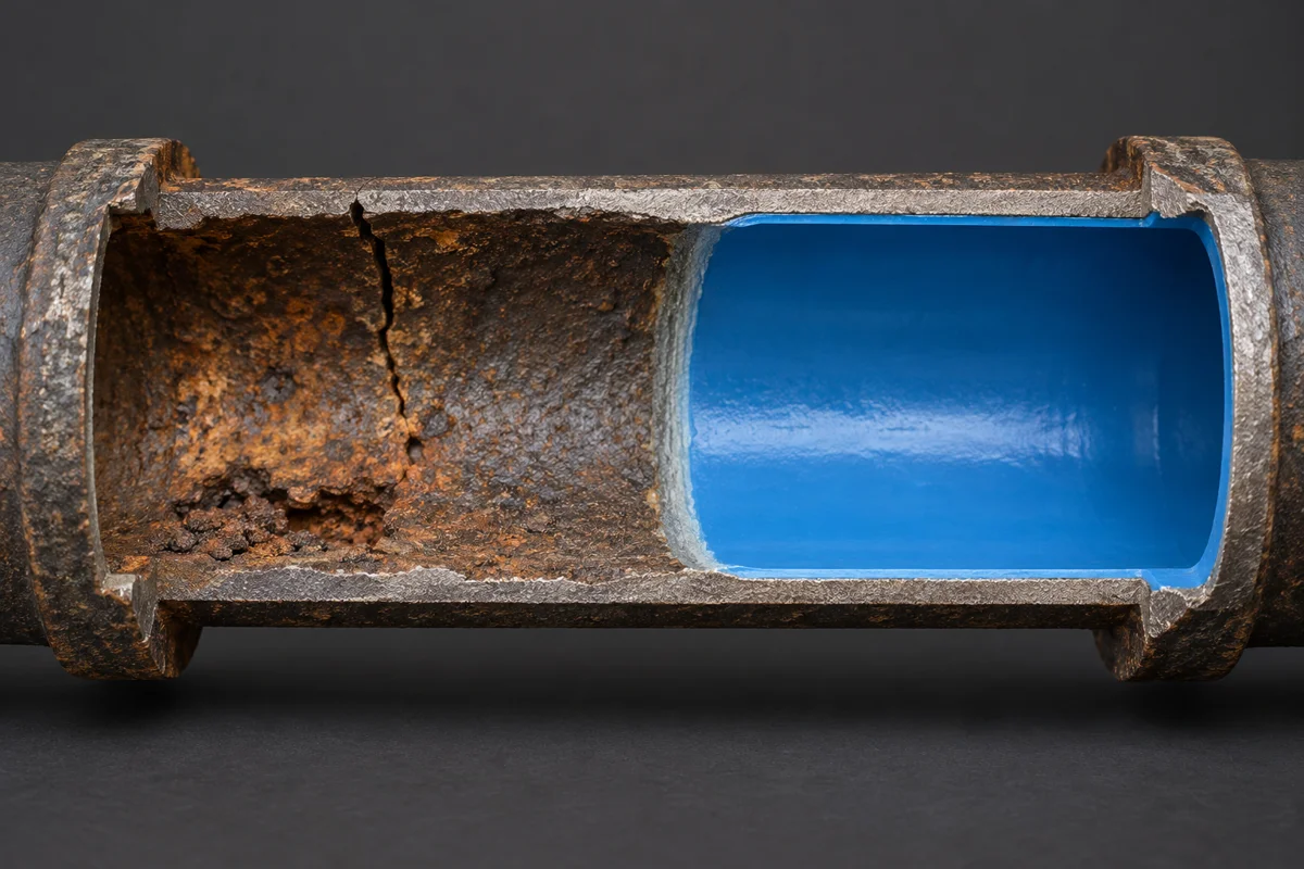 Cutaway comparing a damaged sewer pipe and a restored blue-lined section