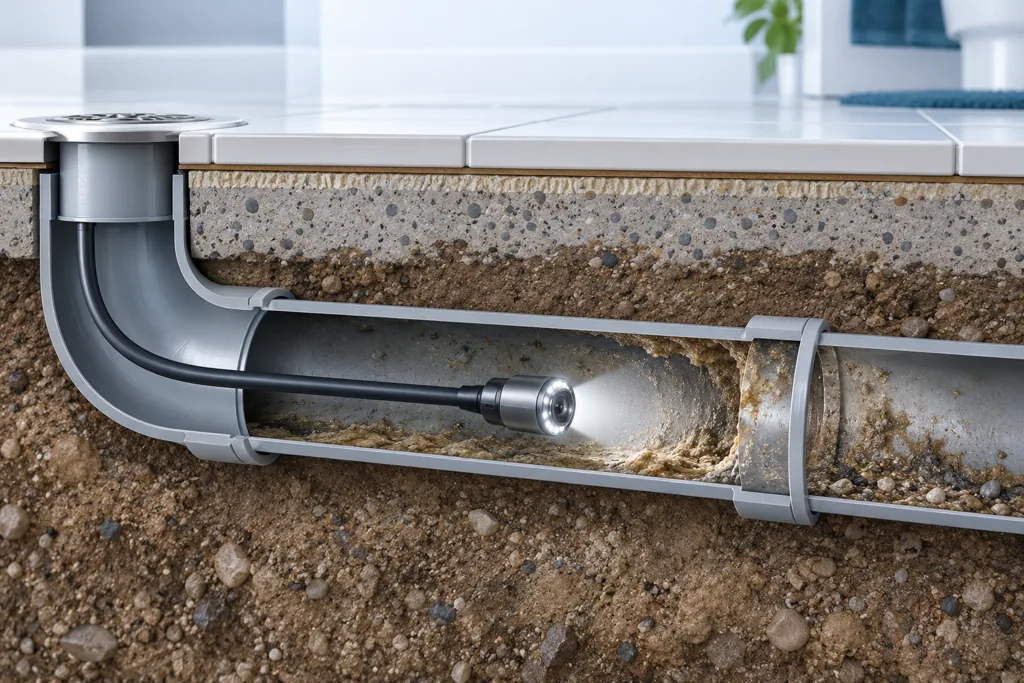 Conceptual illustration of a sewer inspection camera head inside a pipe