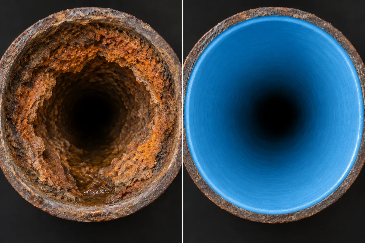 Comparison of corroded cast iron pipe and a smooth blue lined interior