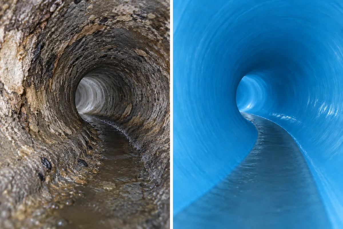 Comparison of a worn pipe bend and a smooth blue CIPP lined interior