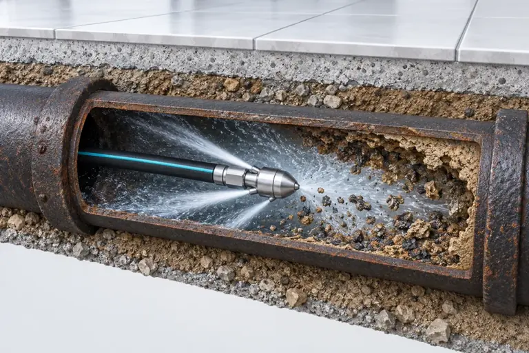 Conceptual illustration of a hydrojet cleaning nozzle removing deposits inside a sewer pipe