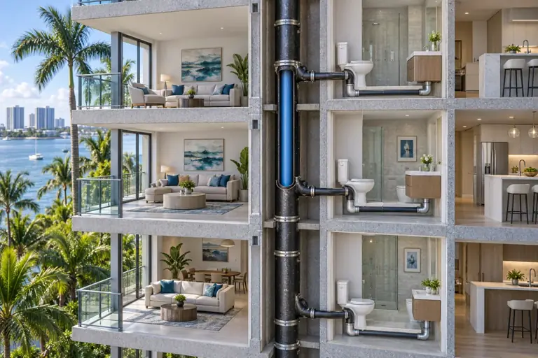 Cutaway of a condominium sewer stack with a structural liner and branch connections