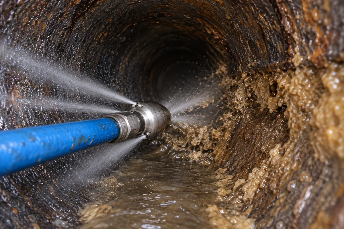 Hydrojet nozzle clearing deposits from the inside of a sewer pipe