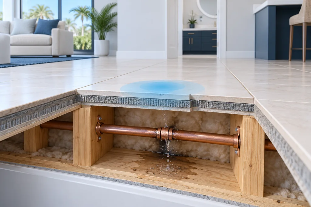 Conceptual illustration of water escaping from a copper pipe joint beneath a floor