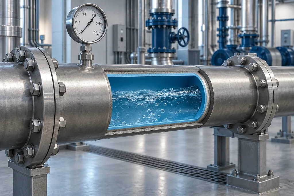 Cutaway of a reinforced pipe liner inside a flanged pressure pipe with a pressure gauge