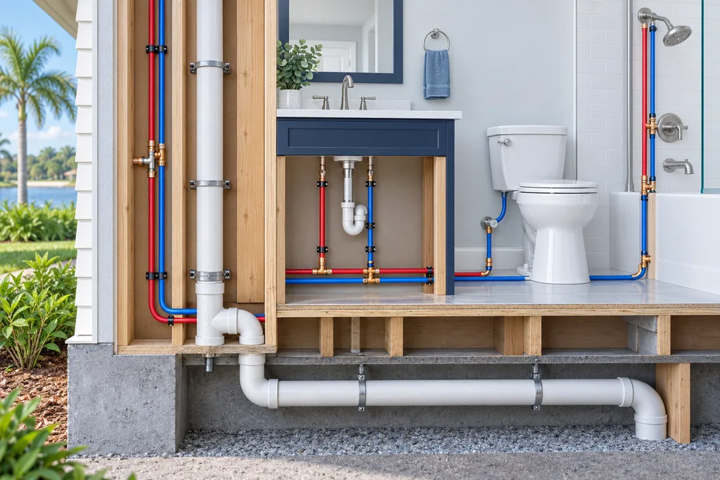 Conceptual illustration of replacement hot and cold water pipes in an accessible wall