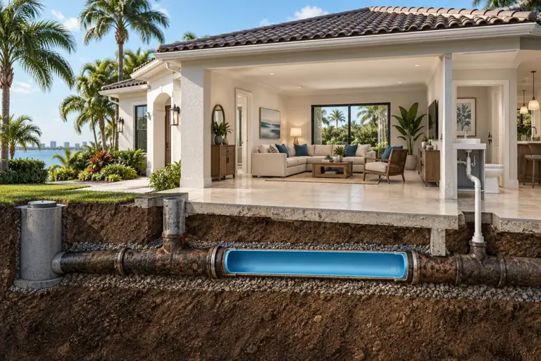 Cutaway of a South Florida home with a lined sewer pipe beneath an intact tile floor