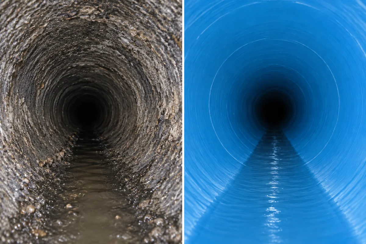 Comparison of a worn sewer drain interior and a smooth blue lined drain