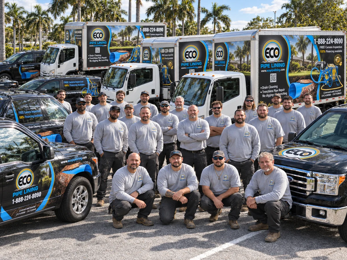 Eco Pipe Lining technicians with the branded service fleet