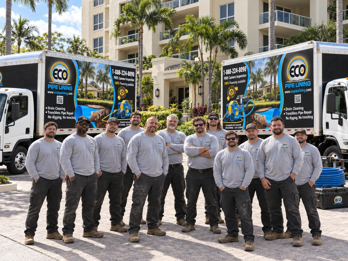 Eco Pipe Lining crew with service trucks outside a condominium