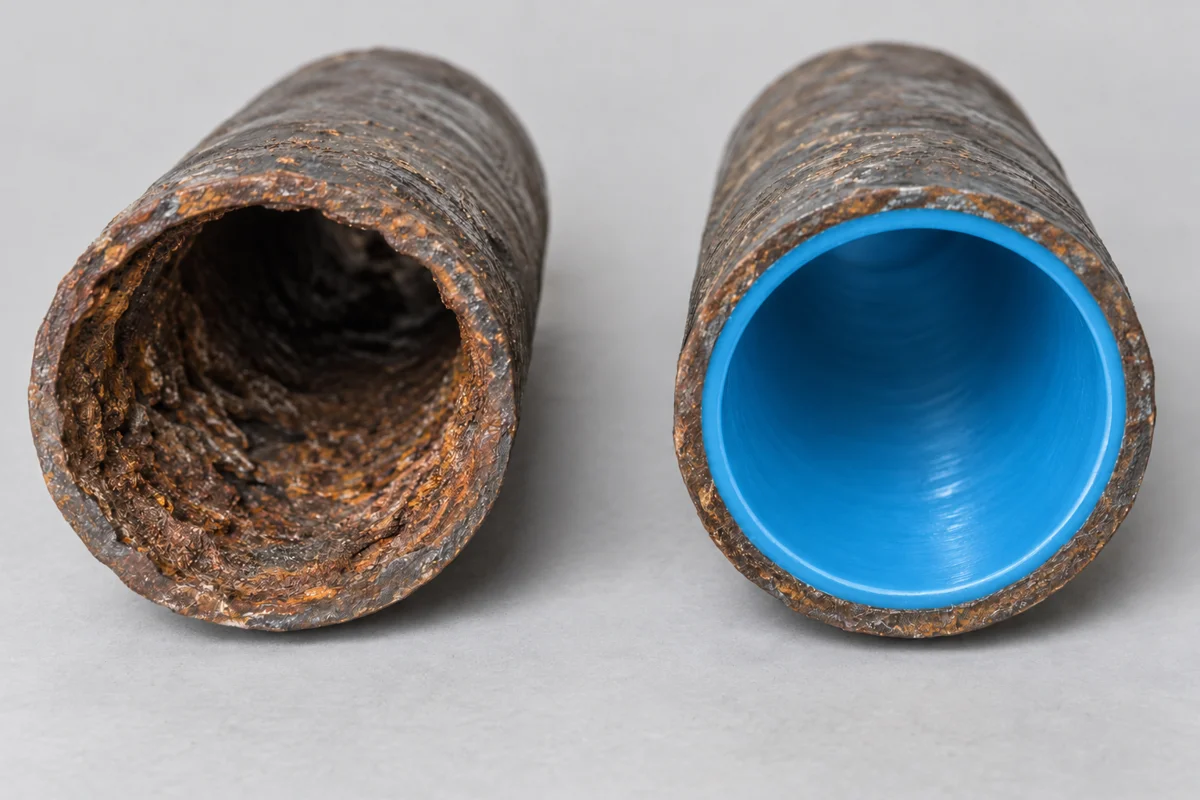 Old pipe beside a pipe restored with a smooth blue inner liner
