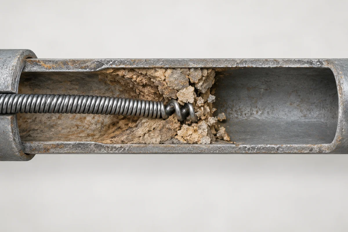 Drain auger cable clearing a sediment blockage inside a pipe