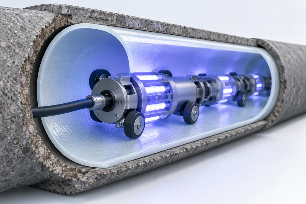 Conceptual illustration of a UV LED curing light train inside a pipe liner