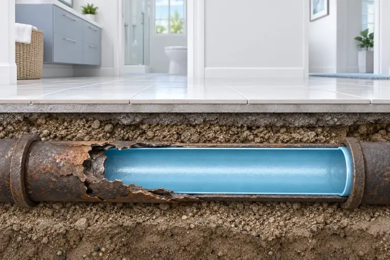 Conceptual cutaway of a structural liner inside an existing sewer pipe beneath an intact floor