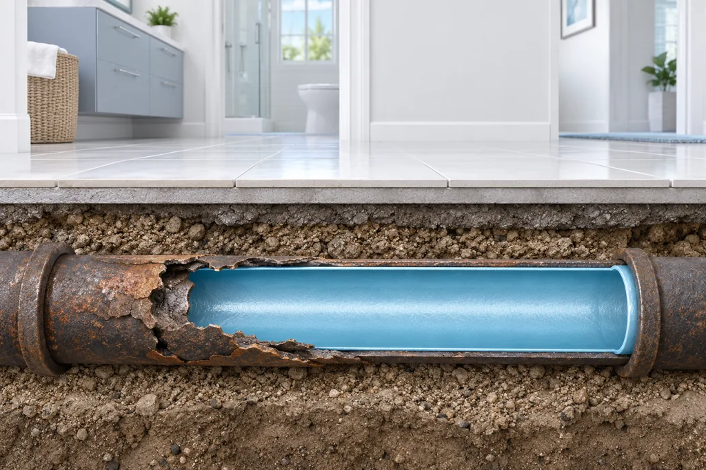 Conceptual cutaway of a structural liner inside an existing sewer pipe beneath an intact floor